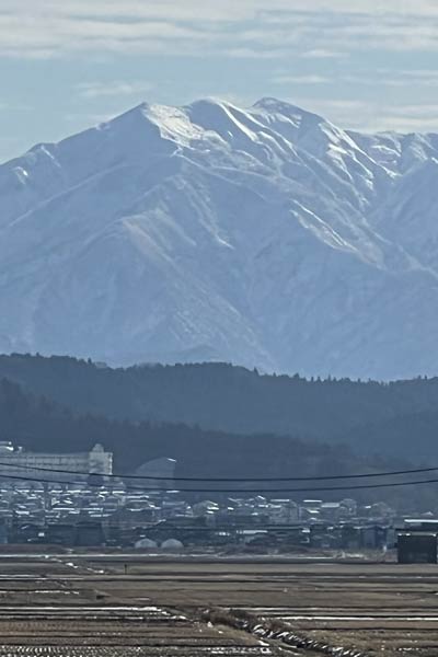 加茂市から見る冠雪の粟ヶ岳